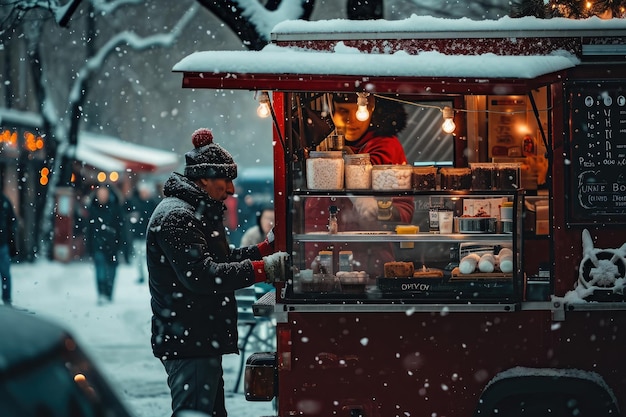 A man stands in front of a vibrant food truck serving delicious tacos to customers Food truck at a winter market selling hot chocolate and marshmallows AI Generated