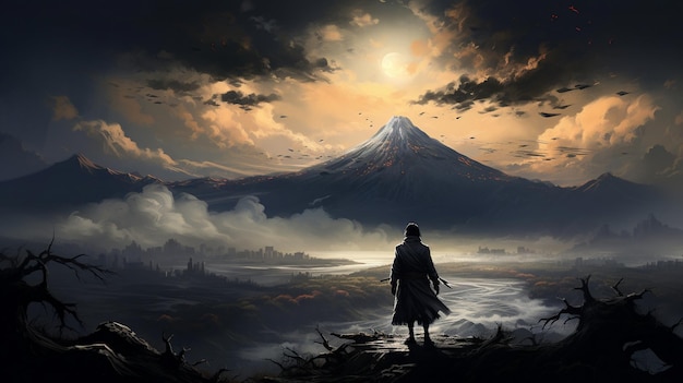 a man stands in front of a volcano.