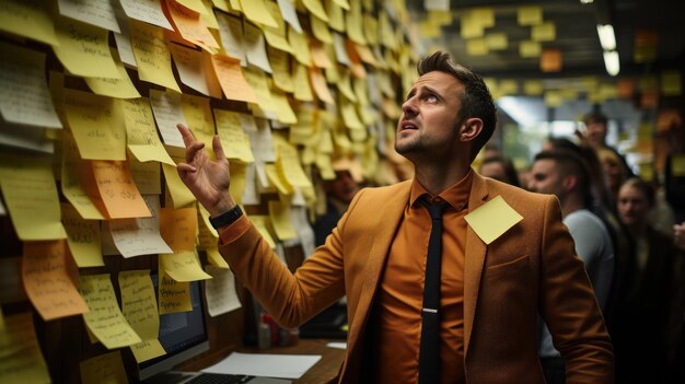 Photo a man stands in front of a wall of sticky notes with the word quot do not enter quot