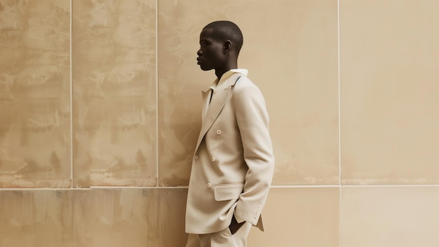 a man stands in front of a wall with a suit on