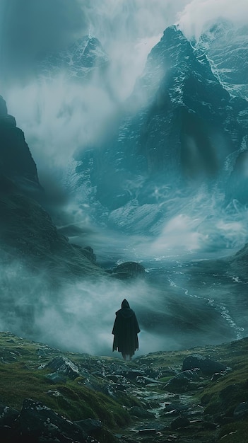 a man stands in front of a waterfall and looks at the ocean