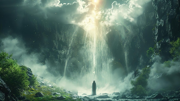 a man stands in front of a waterfall and the sun is shining through the clouds