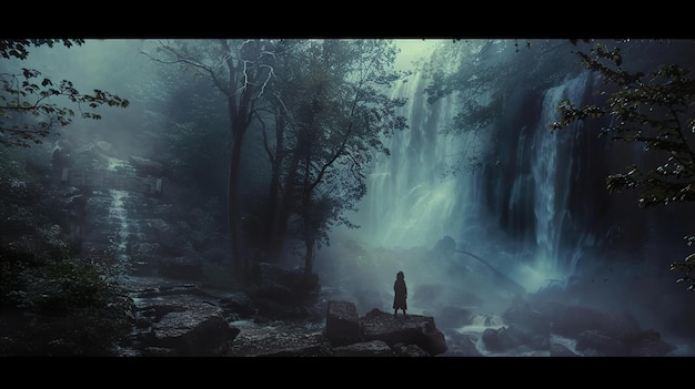 Photo a man stands in front of a waterfall that is surrounded by trees