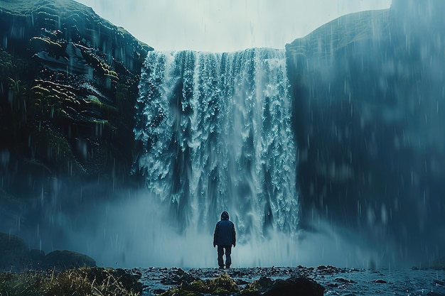 Photo a man stands in front of a waterfall with rain falling around him