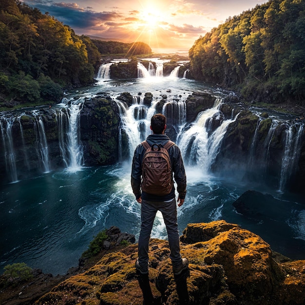 a man stands in front of a waterfall