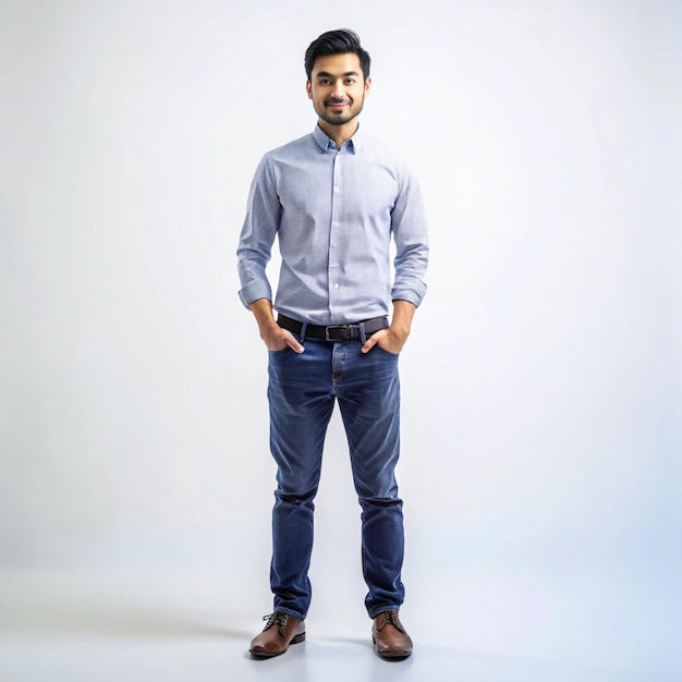 a man stands in front of a white background with a blue shirt that says  the word  on it