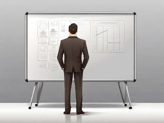 a man stands in front of a white board that says  the word  on it