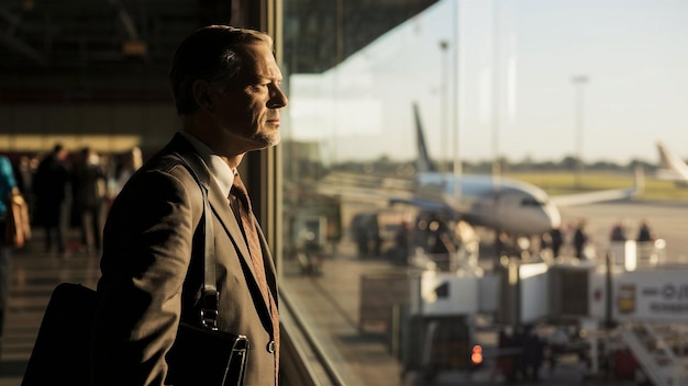 Photo a man stands in front of a window looking out at an airplane