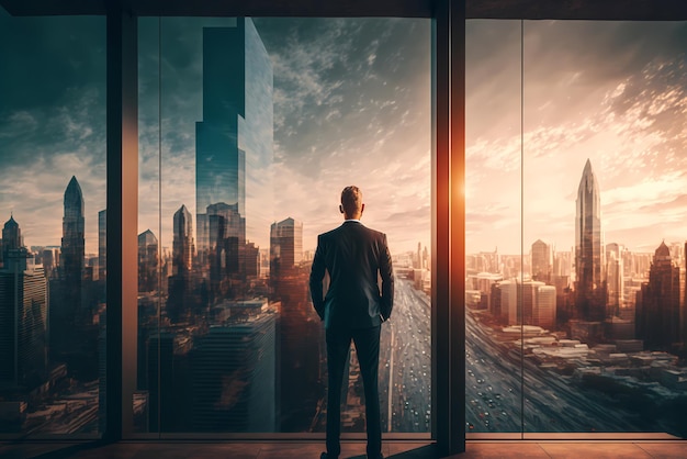 A man stands in front of a window looking out at a cityscape.