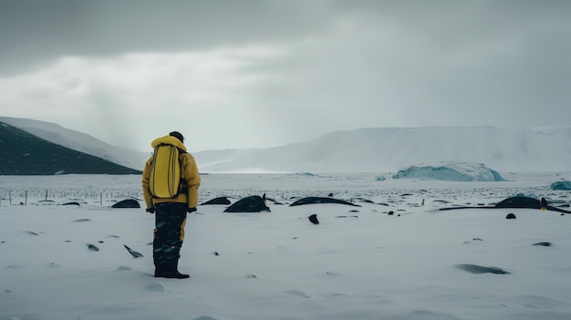 A man stands on a frozen field with a mountain in the background.