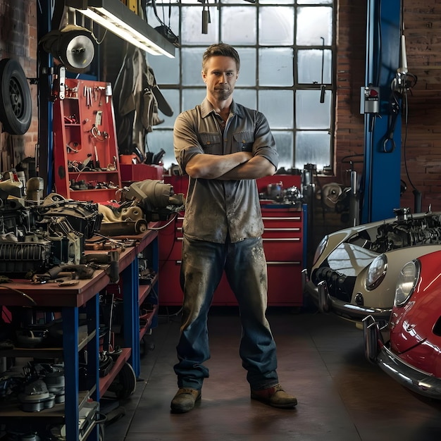 Photo a man stands in a garage with his arms crossed