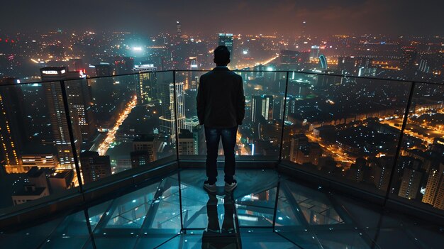 a man stands on a glass top overlooking a city at night