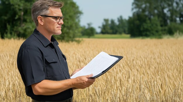 Photo a man stands in a golden wheat field examining a clipboard he is dressed in a black shirt surrounded by lush green trees and fields under clear blue skies