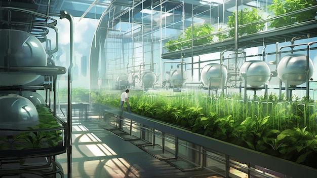 A man stands in a greenhouse with plants growing in it.