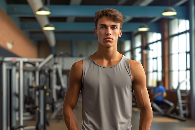 A man stands in a gym wearing a tank top and a tank top.