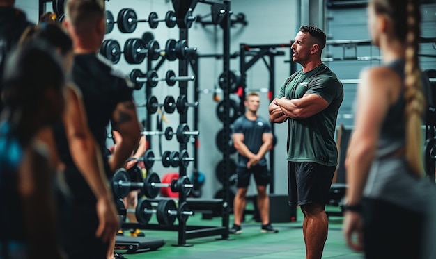 Photo a man stands in a gym with his arms crossed