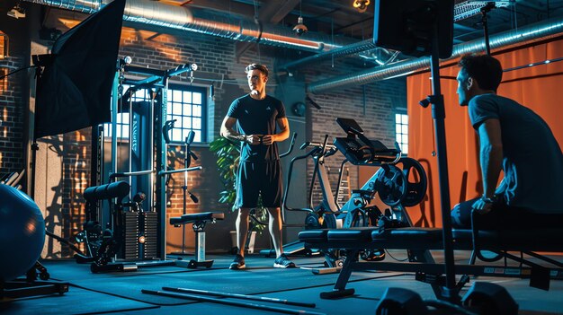 A man stands in a gym with workout equipment while a man sits on a bench watching