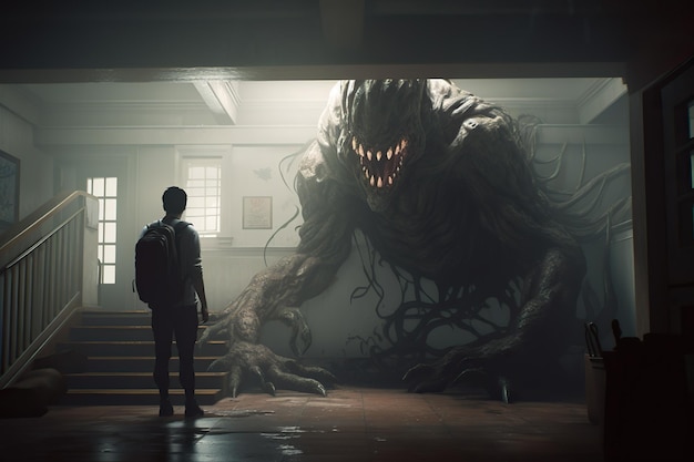 A man stands in a hallway with a monster in the middle of the room.