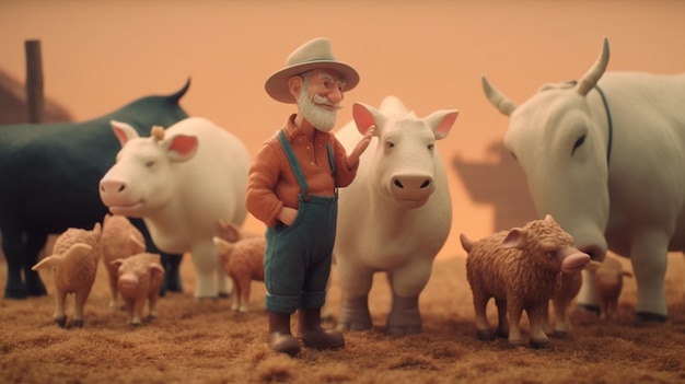 A man stands next to a herd of cows.