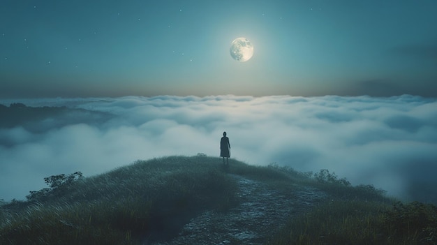 Photo a man stands on a hill in the clouds