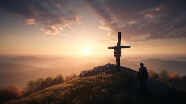 A man stands on a hill with a cross on it and the sun is setting behind him