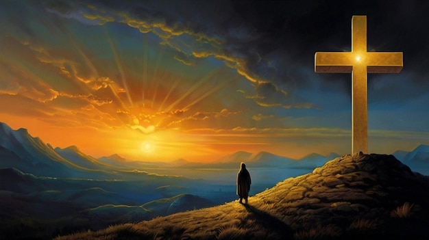 a man stands on a hill with a cross in the sky