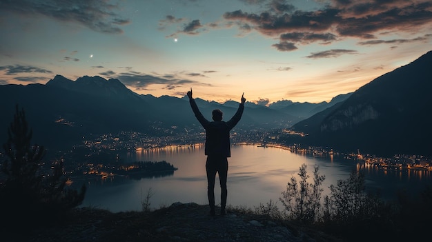 a man stands on a hill with his arms raised in the air above a lake and mountains in the background