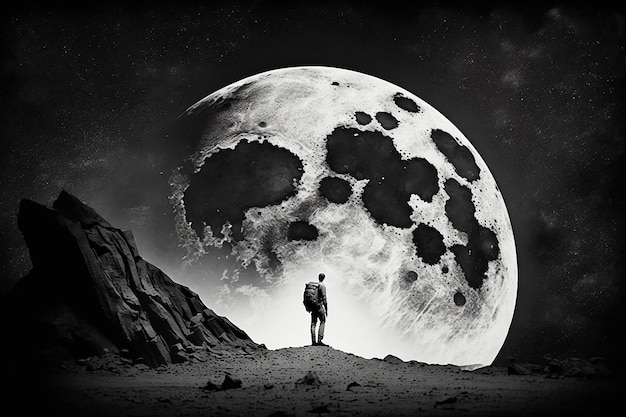 A man stands on a hill with the moon in the background.