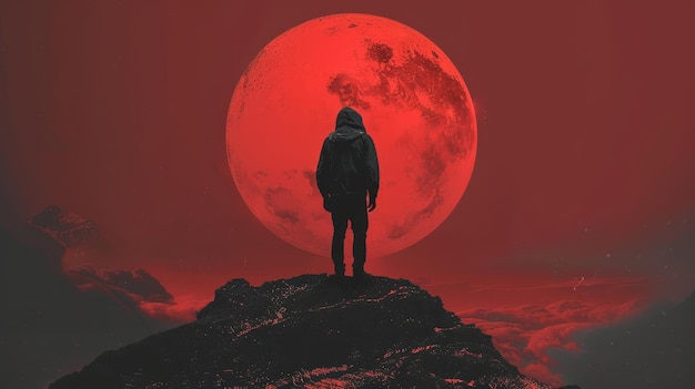 A man stands on a hill with a red moon in the background The image has a mysterious and ethereal moo