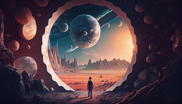 A man stands in a hole with planets in the background