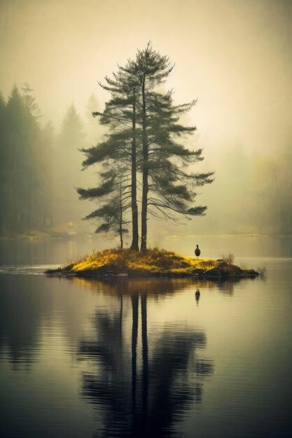 A man stands on an island with a tree in the middle of it.