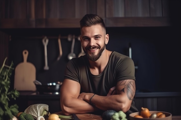 A man stands in a kitchen with a table full of vegetables and a knife.