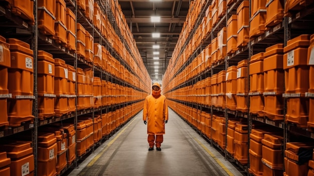 A man stands in a large warehouse with orange boxes in the background.