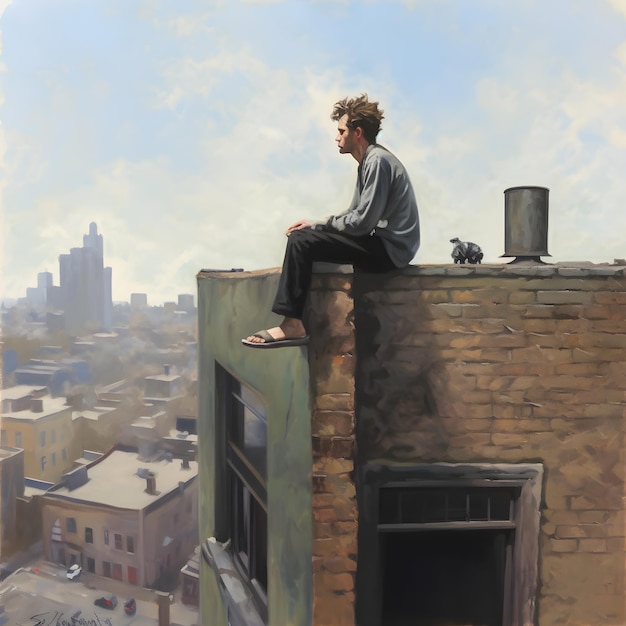 A man stands on a ledge in a city with a blue sky and clouds