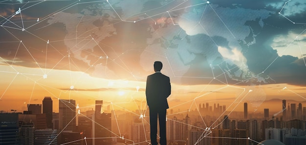 a man stands on a ledge in front of a city skyline