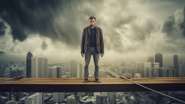 A man stands on a ledge in front of a cityscape.