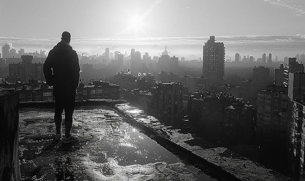 a man stands on a ledge looking at the cityscape