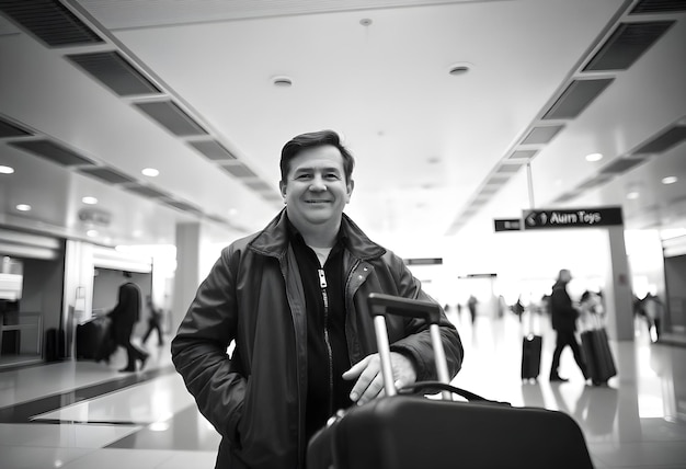 Photo a man stands in a lobby with a suitcase and a sign that says exit