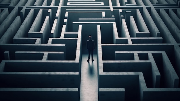 A man stands in a maze with a man standing in the middle.