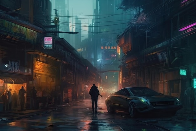 A man stands in the middle of a street with a sign that says'cyberpunk'on it