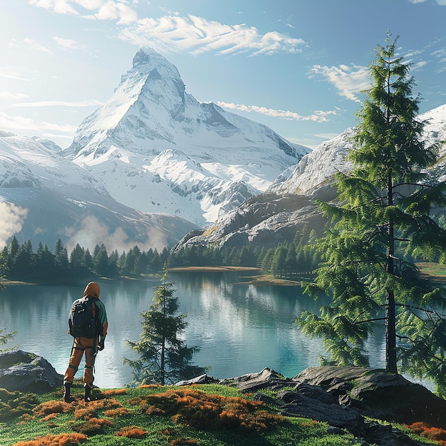 a man stands on a mountain overlooking a lake