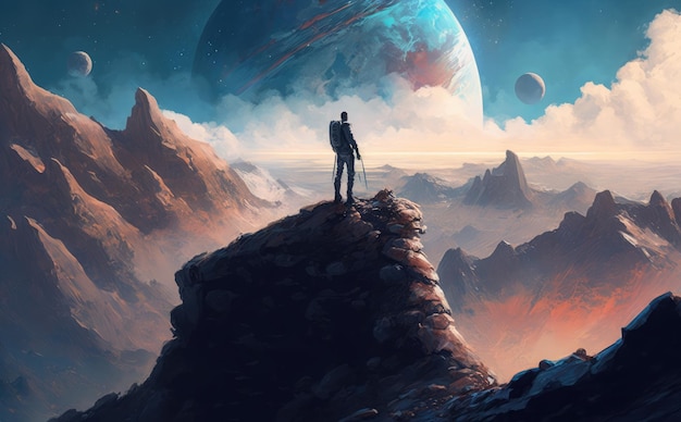 A man stands on a mountain overlooking a planet with a planet in the background.