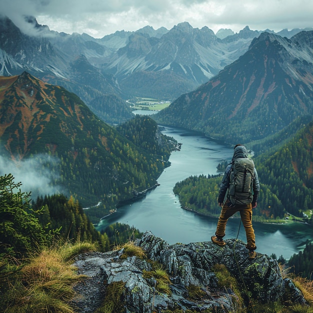 Photo a man stands on a mountain overlooking a river and mountains