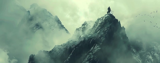 a man stands on a mountain peak in the clouds