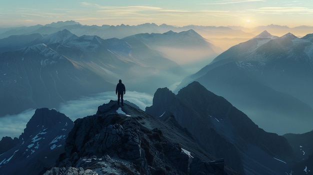 a man stands on a mountain peak and looks at the sun setting behind him