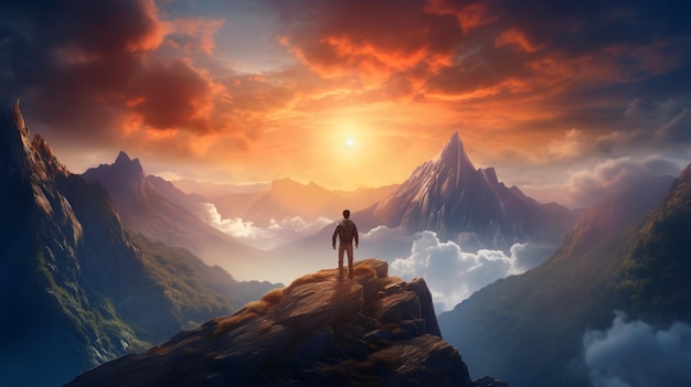 a man stands on a mountain peak and looks at the sunset