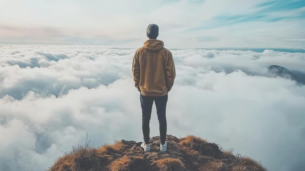 Photo a man stands on a mountain top looking at the clouds below him