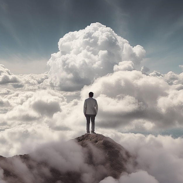 A man stands on a mountain top looking at the clouds that are white and blue.