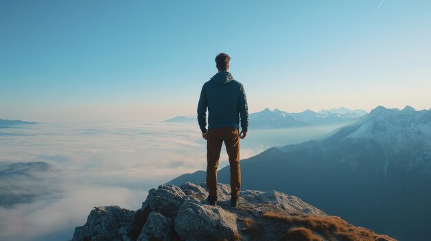 Photo a man stands on a mountain top looking at the mountains