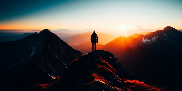 A man stands on a mountain top looking at the sun